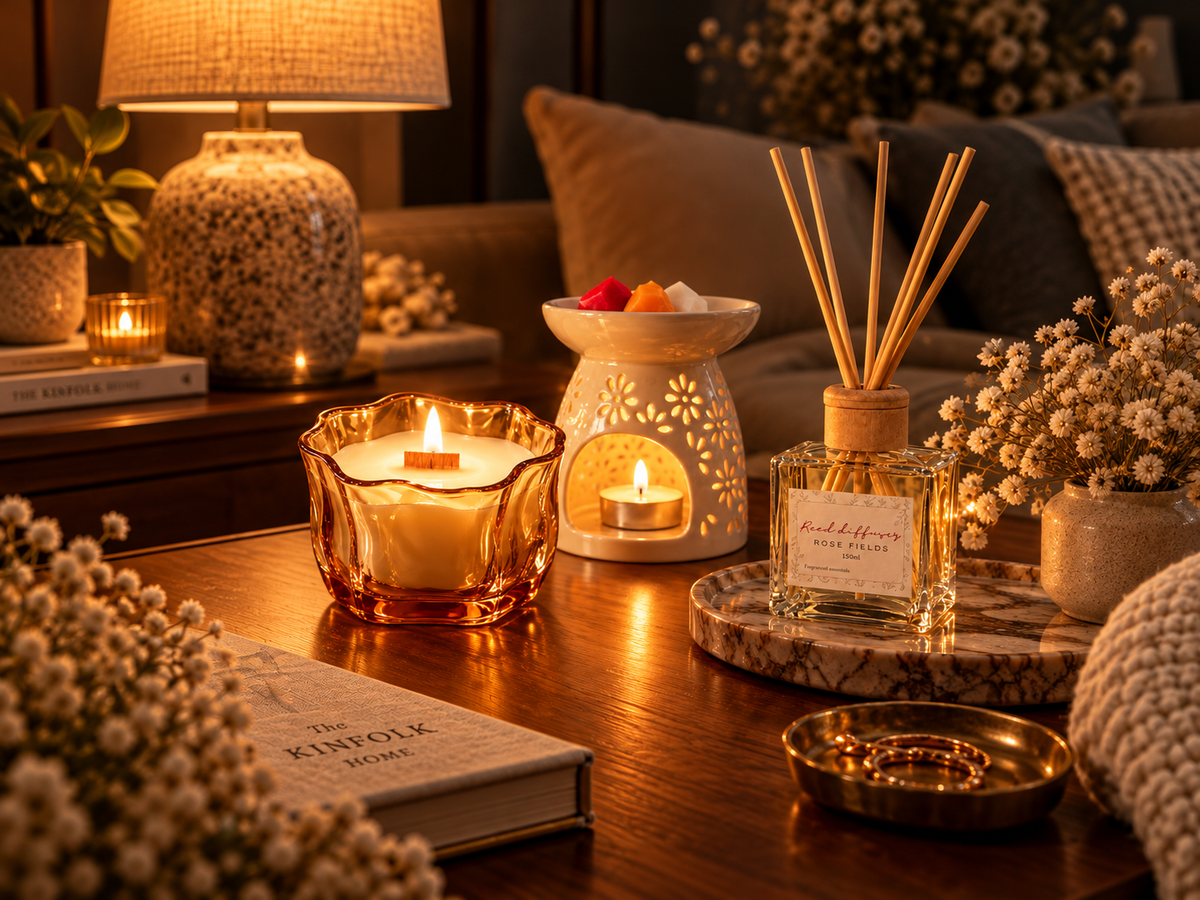 Scented candle, rose reed diffuser and wax melt burner arranged in a cozy home