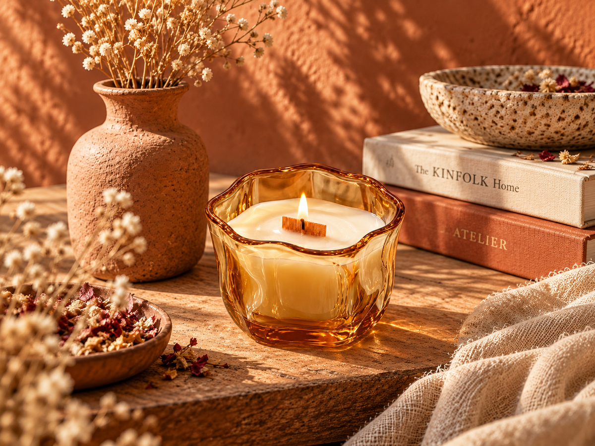 Hand-poured amber scented candle on sunlit stone beside dried flowers