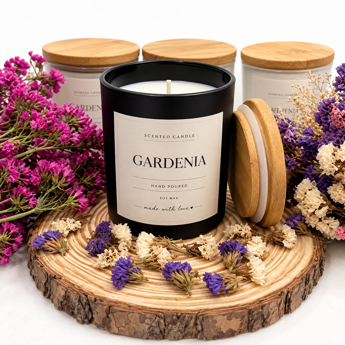 Matte black 170 ml Wooden Lid Candle on white background