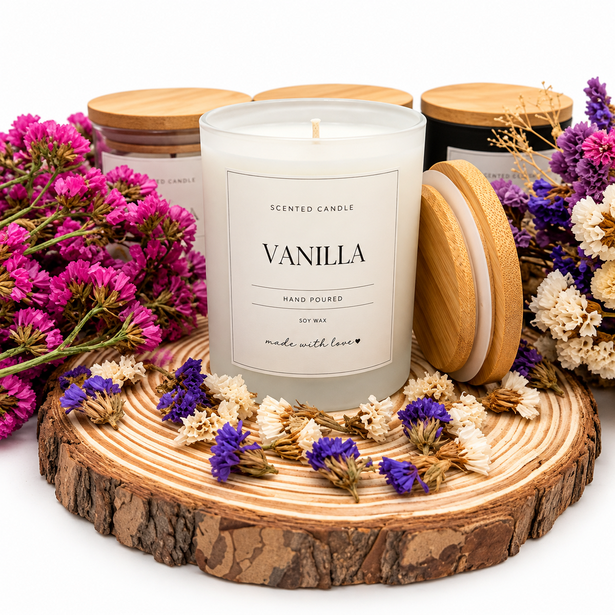 Frosted white 170 ml Wooden Lid Candle on white background