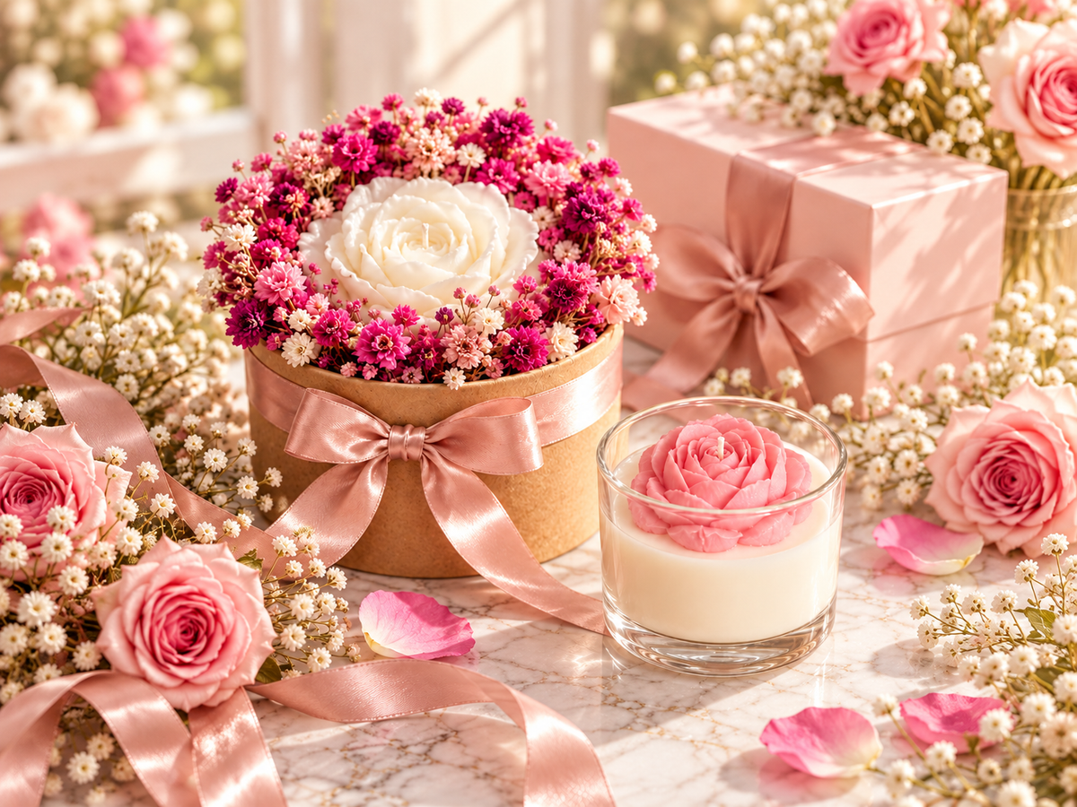 Personalized floral candle gift arrangement with pink roses and ribbons